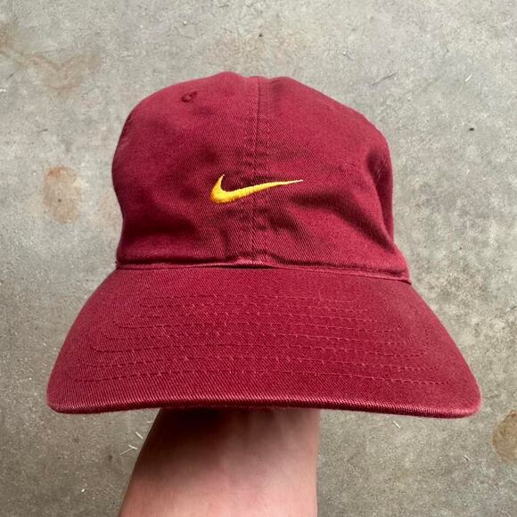 Vintage 90s Nike Embroidered SnapBack Hat Maroon Yellow Center Swoosh Cap - Picture 1 of 5
